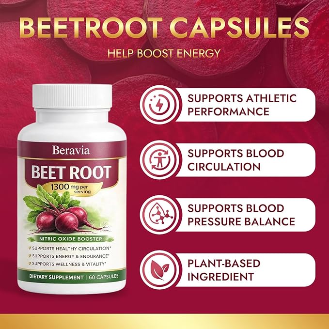 Beetroot Capsules Containing 1300mg of Beetroot Per Serving Help Boost Energy and Improve Blood Circulation Vegan Non-GMO and Gluten-Free - 60 Capsules