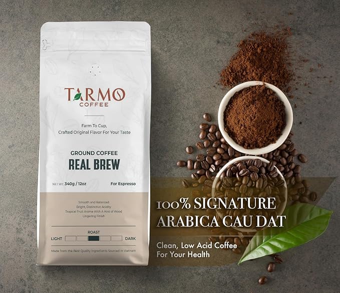 Tarmo Coffee | Low Acid Ground Coffee | 100% Arabica (REAL BREW) and Arabica &amp Robusta Blend (BOOST UP) | Specialty Vietnamese Coffee|12 Oz Bag