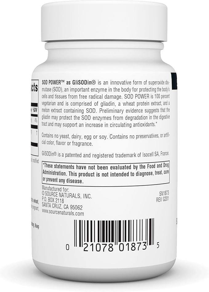 Source Naturals SOD Power As Glisodin Superoxide Dismutase Nutricosmetic Supplement 250mg - 60 Tablets