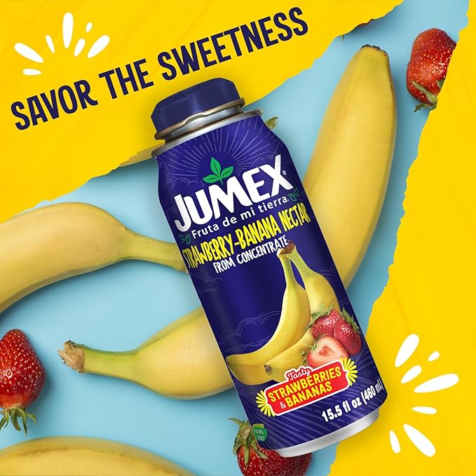 Jumex Strawberry Banana Nectar Lata Botella - Fresh Fruit Puree &amp Tropical Fruit Juice Concentrate for Smoothie Mix Cocktail Mixers &amp Kids Beverages - 15.5oz 12 Pack Resealable Juice Bottles