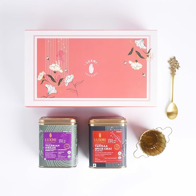 Luxmi Estates - Sleep Tea Set - 2 x 100g Tins of Valerian Dream and Vanilla Spice Chai + 1pc of Spoon and 1pc of Infuser Gift set pack best gift hamper | | Valentine Gift set