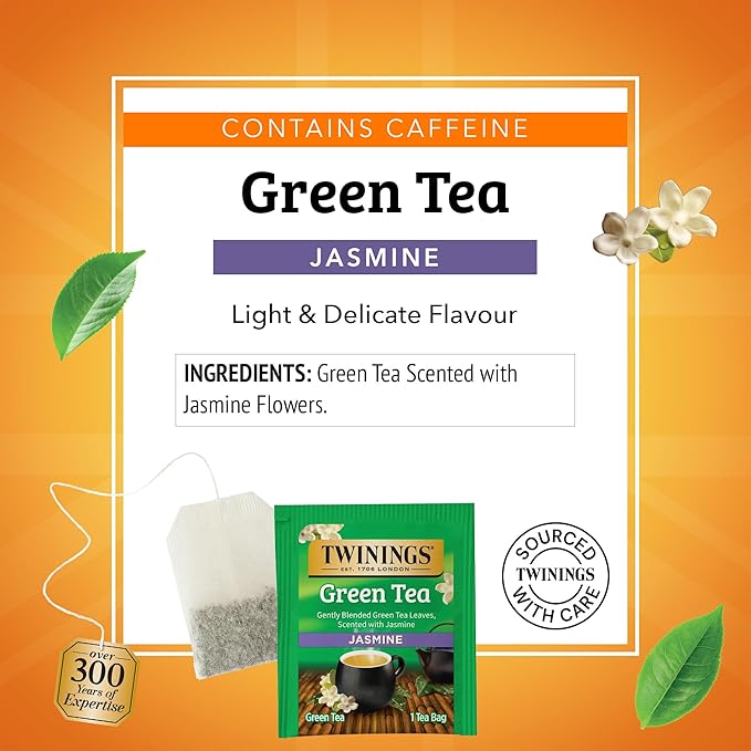 Twinings Green Tea with Jasmine Individually Wrapped Bags 20 Count (Pack of 6) Fragrant Floral Scent Caffeinated Enjoy Hot or Iced 120 Teabags