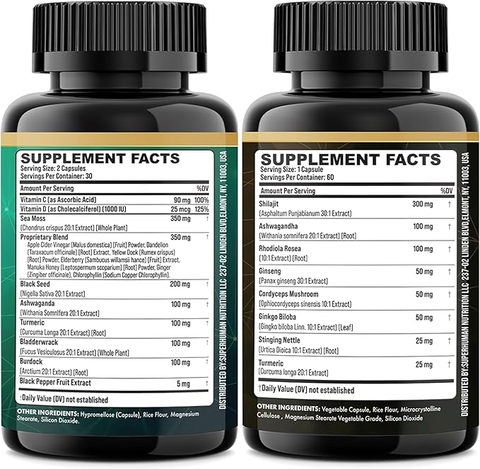 Shilajit and Sea Moss Bundle Sea Moss 350mg Black Seed Oil 200mg Ashwagandha 100mg Turmeric Shilajit 300mg Rhodiola Rosea 100mg Panax Ginseng 50mg Dynamic Vitality Bundle (2 Pack)