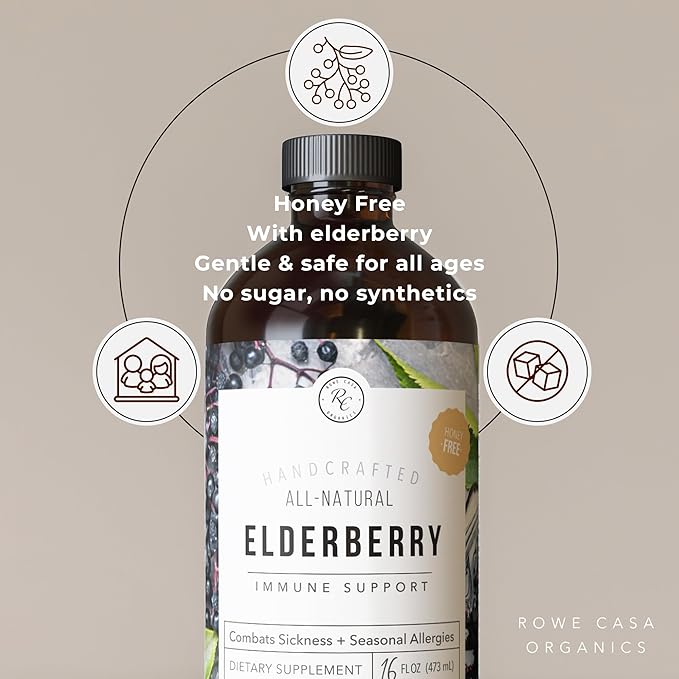 Rowe Casa Organics Honey-Free Elderberry Immune Support with Antioxidants Zinc and Vitamin C – Kids and Adults Organic Elderberry Syrup for Immune Support 16 Fl Oz