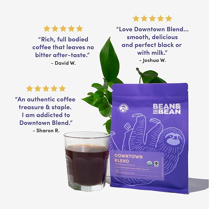 Bean &amp Bean Downtown Medium Roast - Organic Ground Blend Coffee – Creamy Clean and Smooth Fair Trade Coffee – Ideal Espresso Ground Coffee Medium Roast 11oz