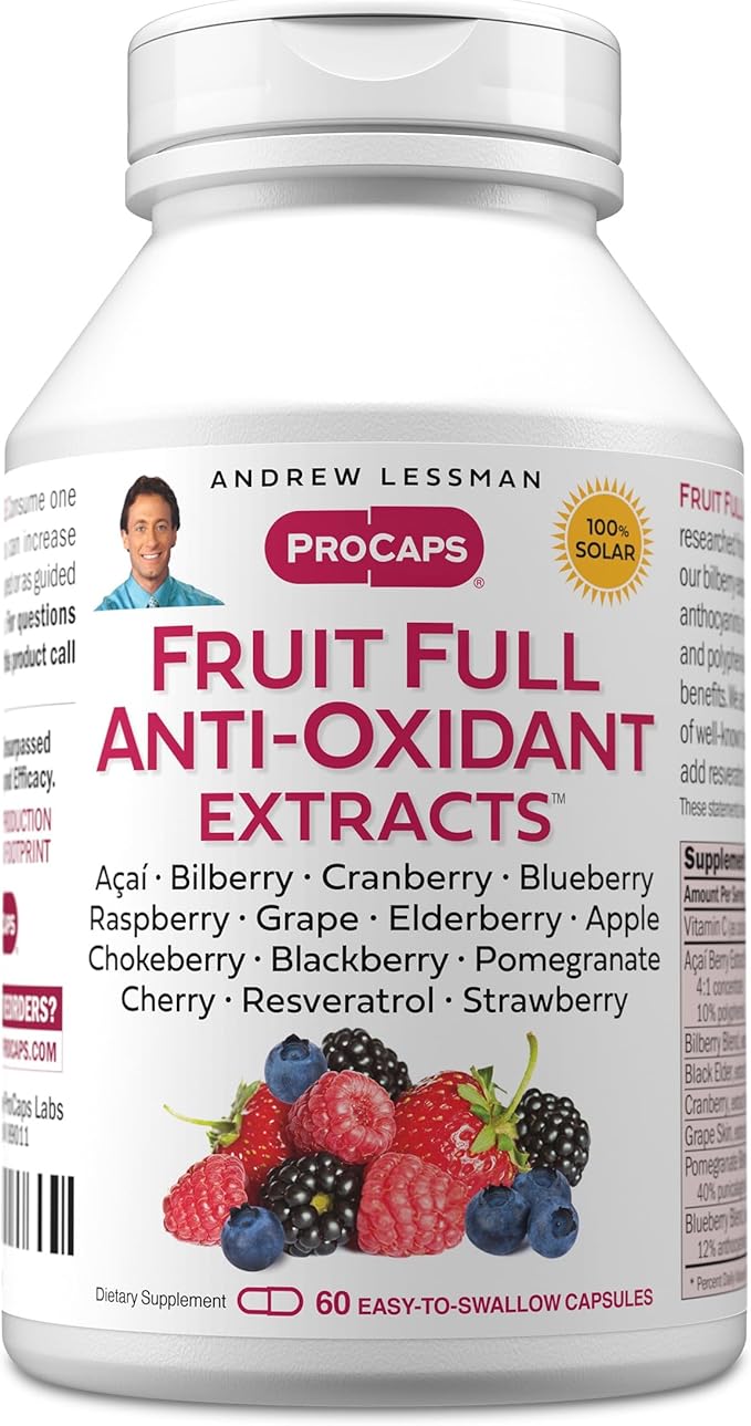 ANDREW LESSMAN Fruit Full Anti-Oxidant Extracts 60 Capsules - 14 Natural Fruit and Berry Extracts. Bilberry Cranberry Grape Seed Pomegranate Resveratrol and More. Easy to Swallow Capsules