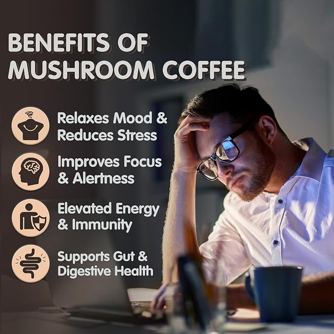 Mushroom Coffee 6 Adaptogenic Mushrooms (Lion's Mane Cordyceps Turkey Tail &amp Other) Mixed with Premium Instant Coffee for Focus Energy Immune and Gut Health Support 60 Servings