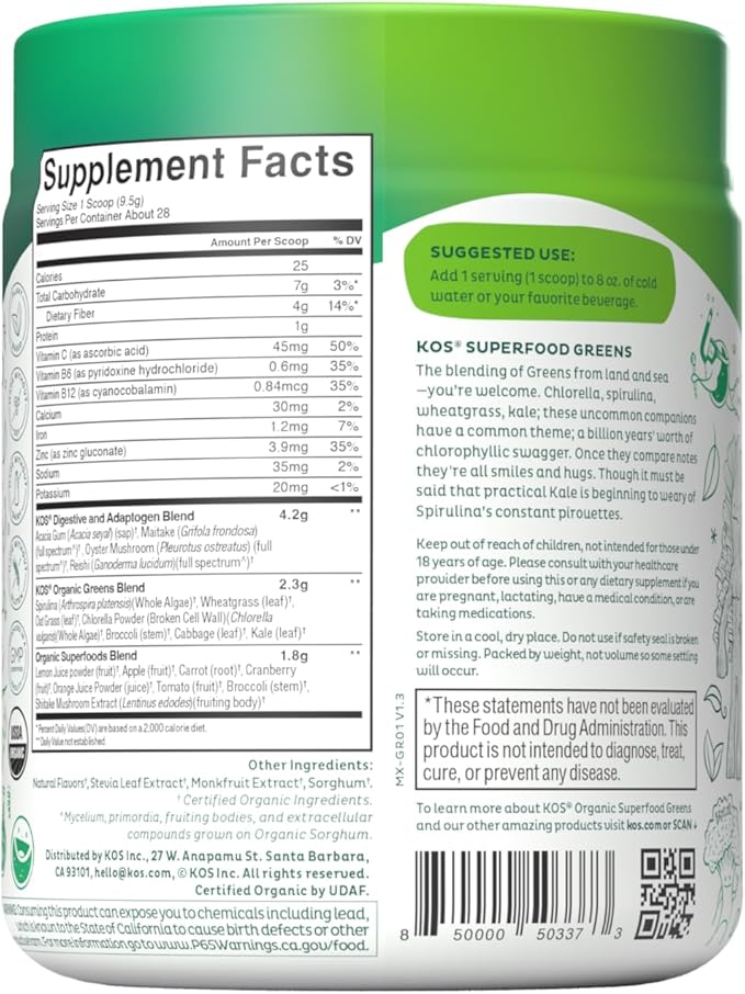 KOS Organic Super Greens Powder Erythritol Free - Plant Based Superfood Blend with Spirulina Chlorella &amp Wheatgrass - USDA Certified Organic Green Juice Smoothie - Apple Flavor - 28 Servings