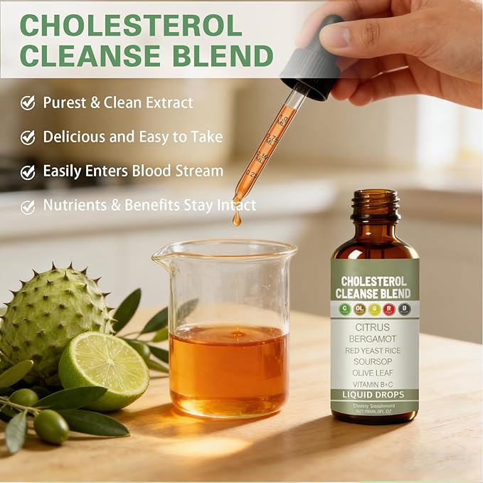 Red Yeast Rice Liquid Drops with Citrus &amp Bergamot | Heart Health &amp Cholesterol Support Formula with Soursop &amp Olive Leaf | Vegan Non-GMO Dietary Supplement 2 fl oz