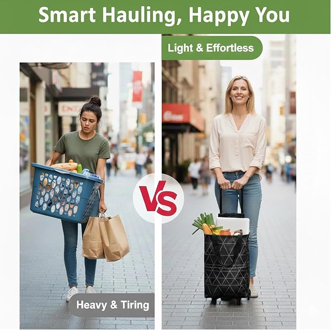 2-in-1 Foldable Shopping Bag with Wheels Foldable Shopping Cart with Telescopic Handle Reusable Eco-Friendly Shopping Bag for Women &amp Seniors(Green leaves)