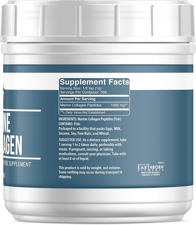 Earthborn Elements Hydrolyzed Marine Collagen Peptides Powder 1.25 lb Pure &amp Undiluted Dietary Supplement