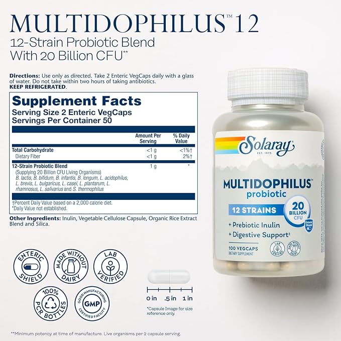 Solaray Multidophilus 12 Strain Probiotic 20 Billion CFU Probiotics for Digestive Health for Women and Men Daily Gut Health Support Complex with Prebiotic Inulin No Dairy - 100 VegCaps