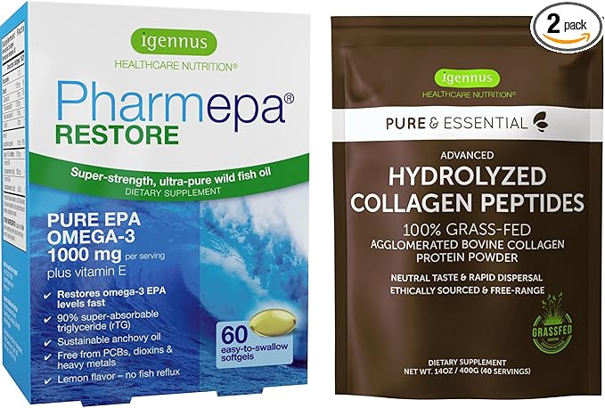 Pharmepa Restore &amp Advanced Hydrolyzed Collagen Peptides Bundle 1000mg Pure EPA Omega-3 Fish Oil &amp 100% Grass Fed Bovine Collagen Protein Powder by Igennus