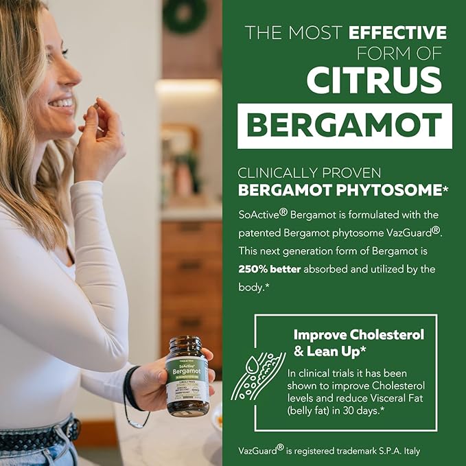 SoActive Bergamot: 2.5X More Effective Italian Citrus Bergamot Phytosome - Clinically Validated | Enhanced with Grape Seed Extract - Supports Cholesterol &amp Weight Management (60 Capsules)