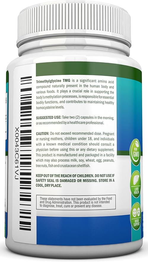 TMG Trimethylglycine Supplement - 1000mg - 180 Capsules - Premium Pure Betaine Anhydrous - Supports Normal Homocysteine &amp Blood Pressure Levels - Promotes Methylation Processes - Non-GMO Formula