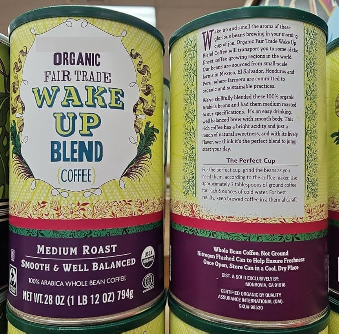 Trader Joe Organic Wake Up Blend Medium Roast Whole Bean Coffee 28oz 794g (Two Rolls)