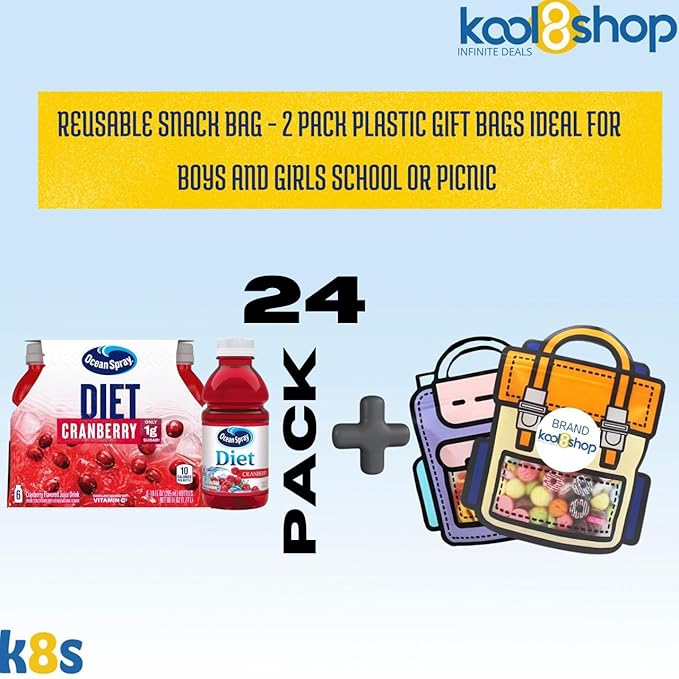 Ocean Spray Diet Cranberry Fruit Juice Drink 10 fl oz Plastic Bottles 24 Pack + 2 Reusable Snack Bags by KOOL8SHOP Infinite Deals