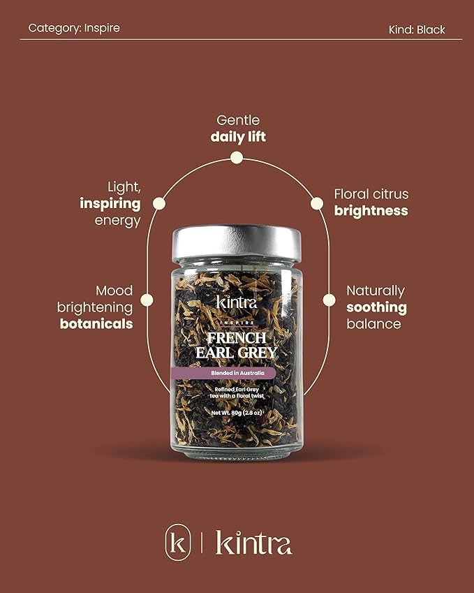 Kintra Foods Loose Leaf French EarlGrey Herbal Tea Jar 80g | Earl Grey Black Tea | Fragrant Floral Infusion with Rose &amp Cornflower Petals | Naturally Aromatic Black Tea No Additives No Sugar