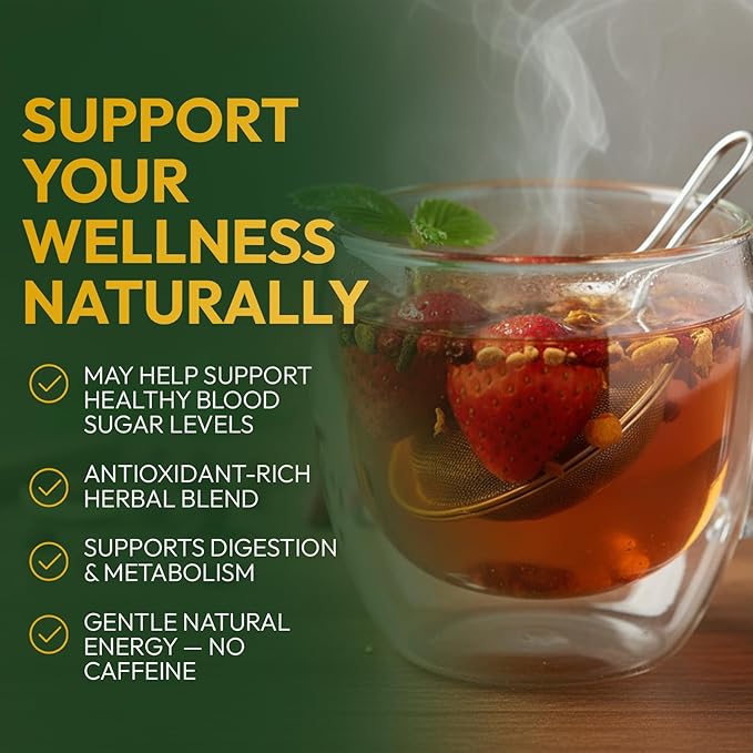 Berberine Tea 45g Natural Organic Caffeine-Free Blend Non-GMO Herbal in Plastic-Free Stand Alone Pouch Delicious Antioxidant for Immune Support (Strawberry)