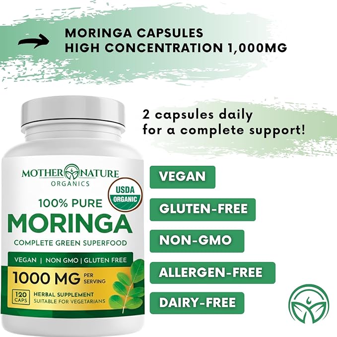 USDA Organic Moringa Capsules – Single-Origin Leaf Powder for Natural Energy Joint Comfort &amp Daily Wellness – Vegan Non-GMO 120ct – Clean Green Superfood Supplement No Fillers 3rd-Party Teste