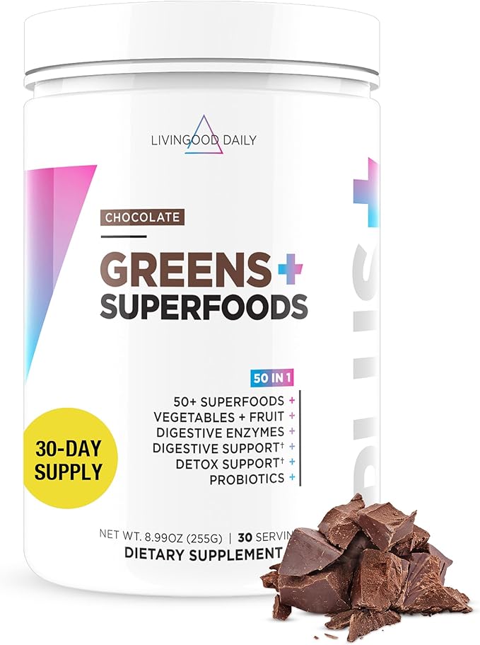 Livingood Daily Greens &amp Superfood Powder Super Greens for Gut Health Green Juice Powder with Spirulina Chlorella and Digestive Enzymes Probiotics for Digestive Support Chocolate 30 Serving