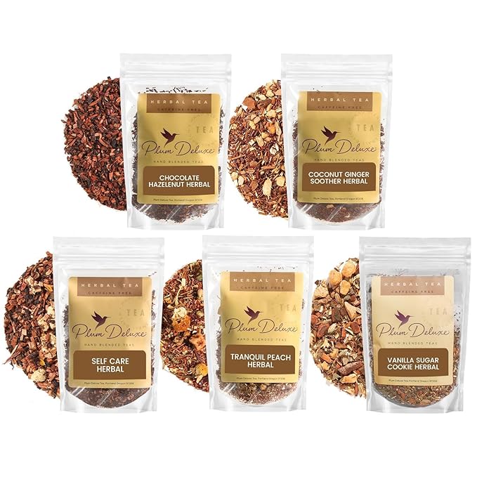 Herbal Tea Sampler – 5 Caffeine-Free Loose Leaf Blends for Sleep and Relaxation Fruity and Dessert-Inspired Flavors 75 to 100 Cups – Handcrafted in USA – Plum Deluxe