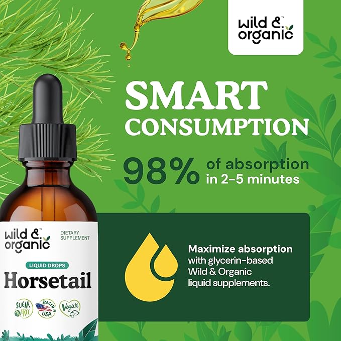 Wild &amp Organic Horsetail Extract Drops - Hair Skin Nails Support - Liquid Horsetail Supplement - Herb Powder Based Tincture - Vegan Sugar &amp Alcohol-Free - 2 fl oz