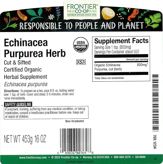 Frontier Co-op Echinacea Purpurea Root Cut and Sifted Certified Organic Kosher | 1 lb. Bulk Bag | Echinacea purpurea (L.) Moench