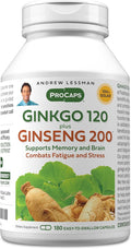 ANDREW LESSMAN Ginkgo 120 Plus Ginseng 200mg - 180 Capsules - Standardized Extract Blend to Support Brain Memory and Cognitive Function. Adaptogen Combats Stress and Fatigue. No Additives