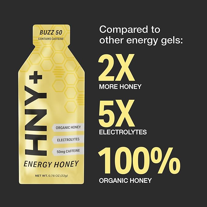 HNY+ Buzz Organic Honey Energy Gel with Electrolytes Magnesium Sea Salt Potassium &amp Green Tea Caffeine Gluten Free &amp Vegan Workout Gels for Gym Running &amp Hiking 50mg Caffeine 12 P