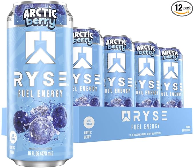 RYSE Fuel Energy Drink - Arctic Berry - Sugar Free Gluten Free &amp Vegan - 200mg Natural Caffeine Taurine &amp Choline for Focus &amp Energy - No Artificial Colors - 16 fl oz Cans (12-Pack)