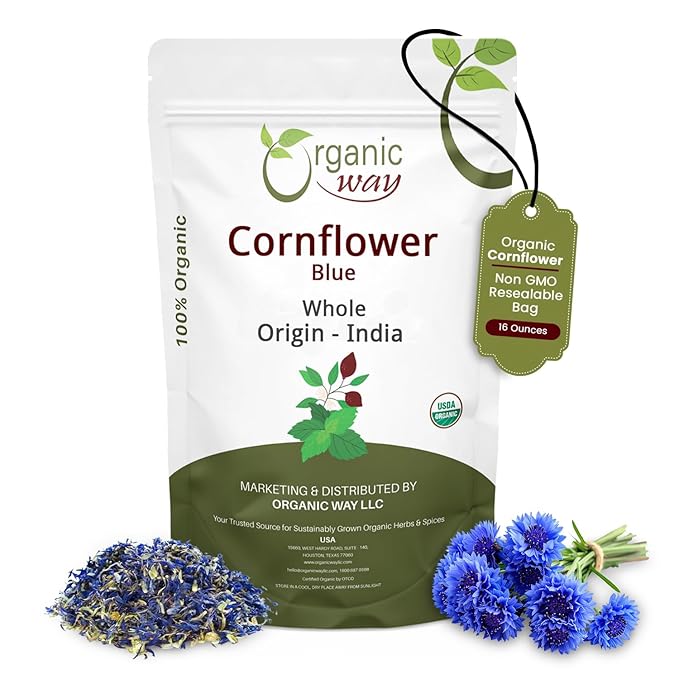 Organic Way Premium Cornflower Blue Whole (Centaurea Cyanus) - Herbal Tea | European Wild-Harvest | USDA &amp Kosher Certified | Vegan Non GMO &amp Gluten Free | Origin - Albania (16 Oz)