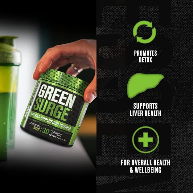 Jacked Factory Green Surge Green Superfood Powder- Keto Friendly Greens Drink w/Spirulina Wheat &amp Barley Grass Organic Greens - Green Tea Extract Probiotics &amp Digestive Enzymes - Sour Apple