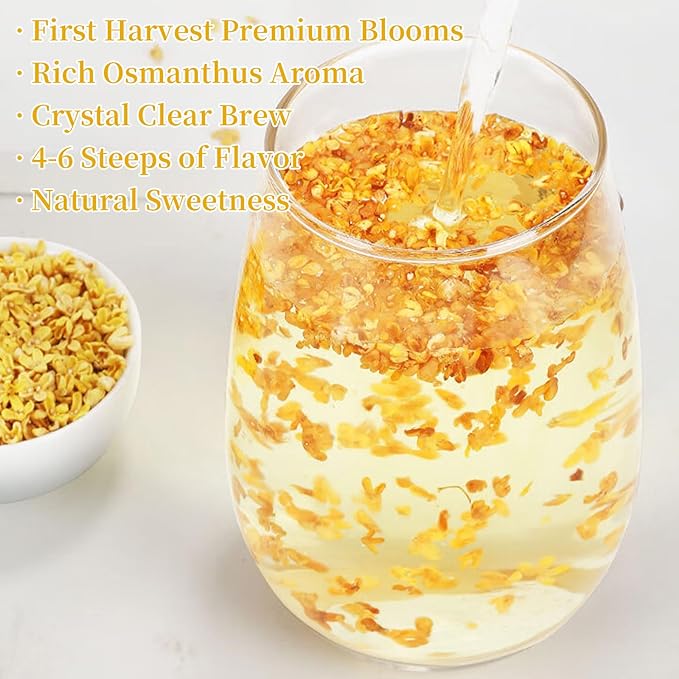 Wanhua Hall Pure Natural Osmanthus Flower Tea 1.76oz/50g Premium Osmanthus Fragrans Herb Gui Hua Dried Intact Blossoms Stem-Free Bright Golden Hue Rich Aroma 桂花 桂花干 无硫无杂