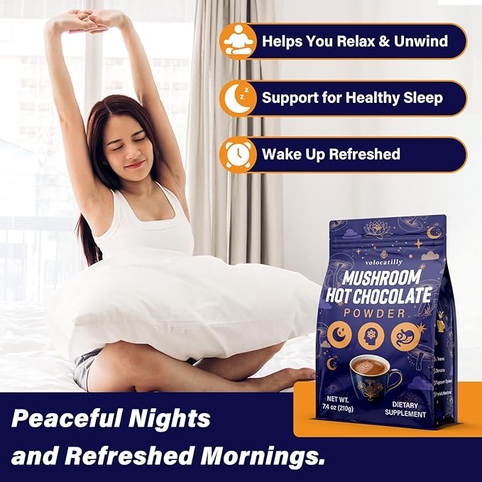 Mushroom Hot Cocoa with Magnesium Glycinate Reishi L-Theanine Ashwagandha Lemon Balm Lavender Cacao Powder Organic Hot Chocolate Supplement for Sleep Relaxation No Melatonin 2P