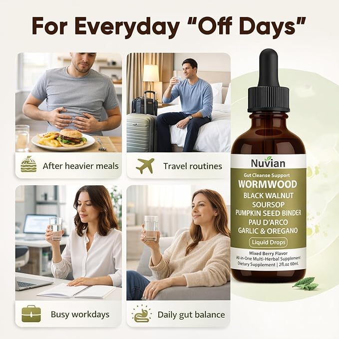 NUVIAN Prozen Wormwood Gut Cleanse Liquid Drops Black Walnut Wormwood Clove Gut Cleanse &amp Digestive Health with Soursop PAU D'Arco Pumpkin Seed Garlic Oregano Energy Boost2 fl oz