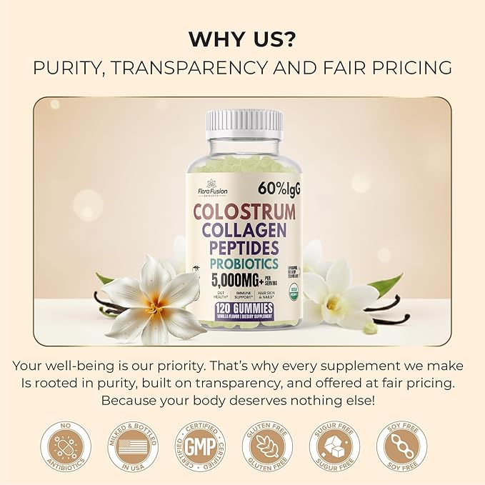 Colostrum Gummies I Collagen Peptides I Probiotics 5000+ mg w/ 60% IgG I Immunity Support &amp Gut Health - Liposmal Technology - U.S. Sourced Superfood - Grass-Fed Bovine - 120 gummies (Vanilla Flav