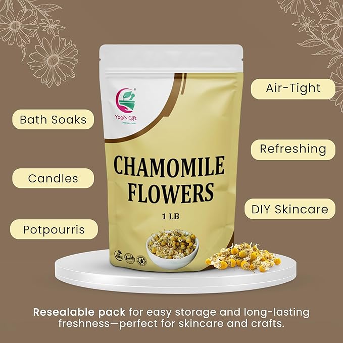 Chamomile Flowers 1 LB 100% Natural Loose Leaf Chamomile Tea Whole Dried Flowers for Herbal Tea 1 LB Bulk Pack Resealable Bag for Freshness - By Yogi’s Gift®