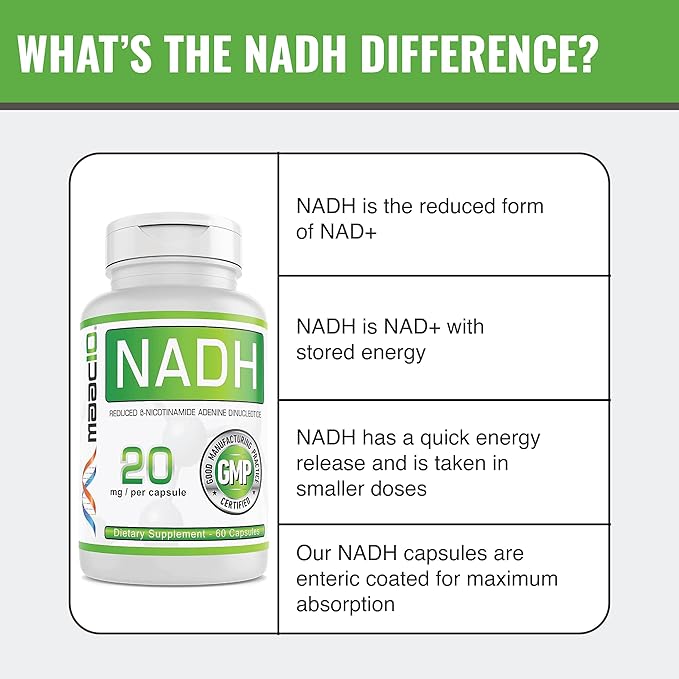 MAAC10 NADH Supplement 20mg Each 60 Capsules for Energy Fatigue Mental Focus &amp NAD+ Longevity Support | Pharmaceutical Grade 99% Pure NADH (Pack of 2)