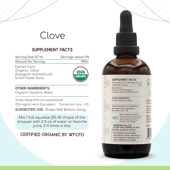 HerbEra Clove B120 USDA Organic Tincture | Alcohol-Free Extract High-Potency Herbal Drops | Certified Organic Clove (Syzygium Aromaticum) Dried Flower Buds (4 fl oz)