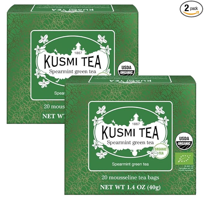 Kusmi Tea - Pack of 2 Boxes of Tea Bags - Spearmint Green - Organic Blend of Gunpowder Green Tea with Mint - Peppermint Tea - Enjoy Hot or Ice - Organic Flavored Green Tea - 2x20 Tea Bags