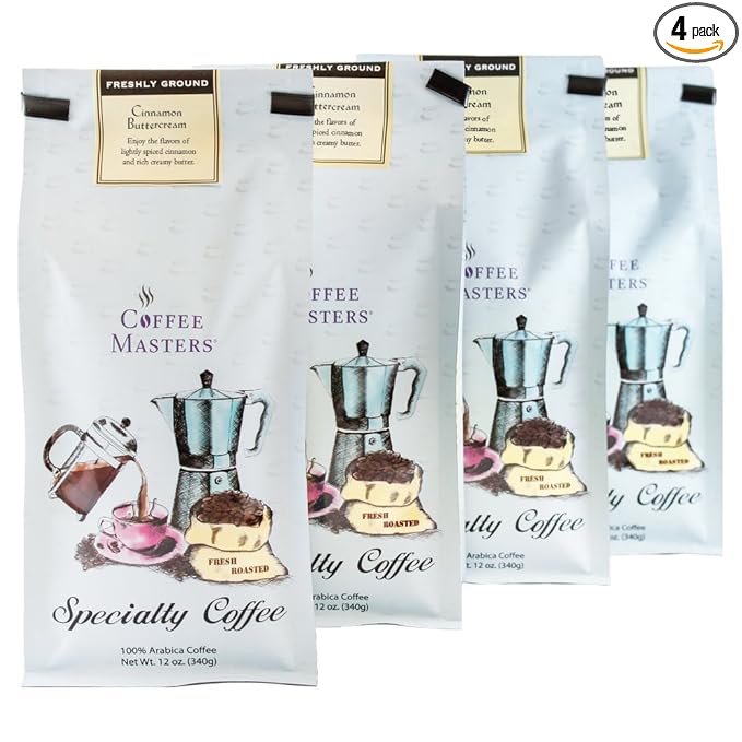 Coffee Masters Flavored Coffee Cinnamon Buttercream Ground 12-Ounce Bags (Pack of 4)