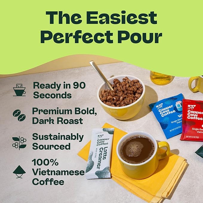 Copper Cow Coffee Pour Over Vietnamese Coffee Pouches + Sweetened Condensed Milk Creamers (8 Coffees &amp 8 Milk Creamers) | Classic Black Lattes No Refrigeration Needed Travel Friendly Ground Coff