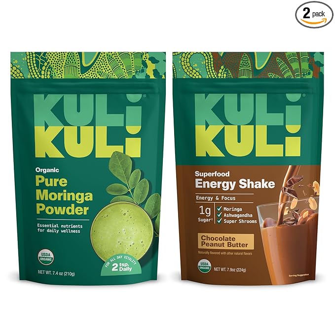 Kuli Kuli Moringa Oleifera Organic Leaf Powder &amp Green Smoothie 100% Pure USDA Certified &amp Non-GMO Moringa Powder Great with Smoothies Tea and Food Combo Pack