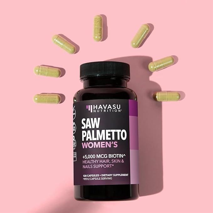 Saw Palmetto for Women with Biotin 5000mcg - Powerful DHT Blocker to Support Hair Skin and Nail Health - 120 Count - Vegan Non-GMO Vitamin for Stronger Fuller Looking Locks - 2 Month Supply