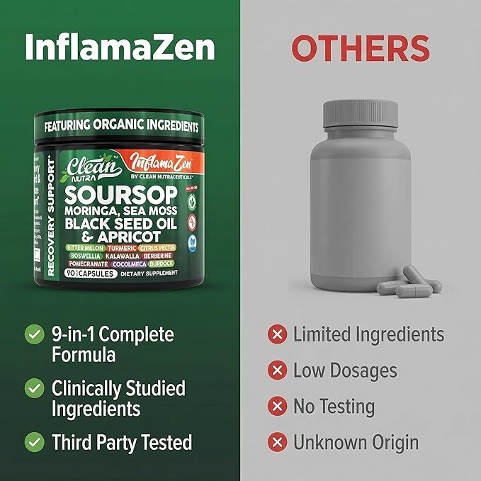 Clean Nutra Soursop Supplement Moringa Sea Moss Black Seed Oil Berberine Turmeric Resveratrol Quercetin Greens Bitters Boswellia Bitter Melon Burdock Root Antioxidant Support 90 Capsules