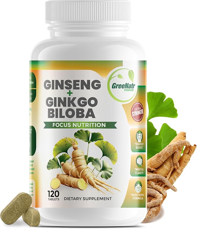 GreeNatr Ginko Biloba &amp Panax Ginseng Supplement - Red Ginseng Brain Supplement for Memory and Focus - Ginkgo Biloba Supplements for Good Vision Immune System and Improved Blood Flow - 120 Tablet