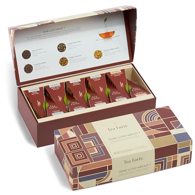 Tea Forte Premium Petite Presentation Box Gift Set Sampler 10 Count 2 of Each Blend Individually Wrapped Handcrafted Pyramid Infuser Bags Frank Lloyd Wright Tea