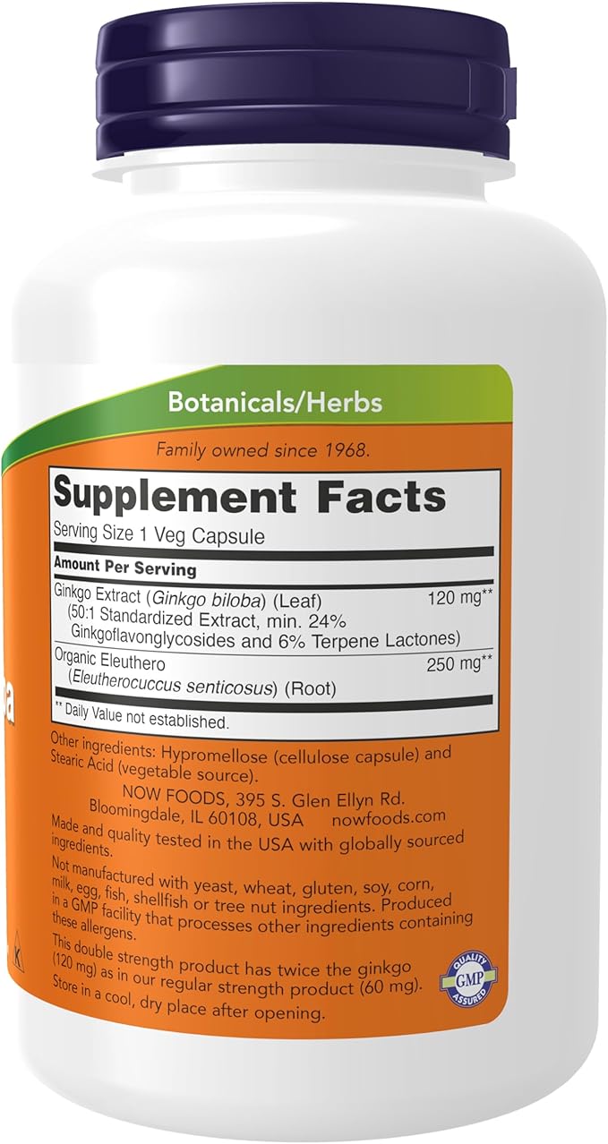 NOW Supplements Ginkgo Biloba 120 mg Double Strength Non-GMO Project Verified 200 Veg Capsules