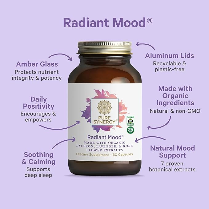 Pure Synergy Radiant Mood | Natural Mood and Sleep Supplement with Organic Saffron | with Saffron Lemon Balm and Magnolia Bark | for Sleep and Stress Support (60 Capsules)
